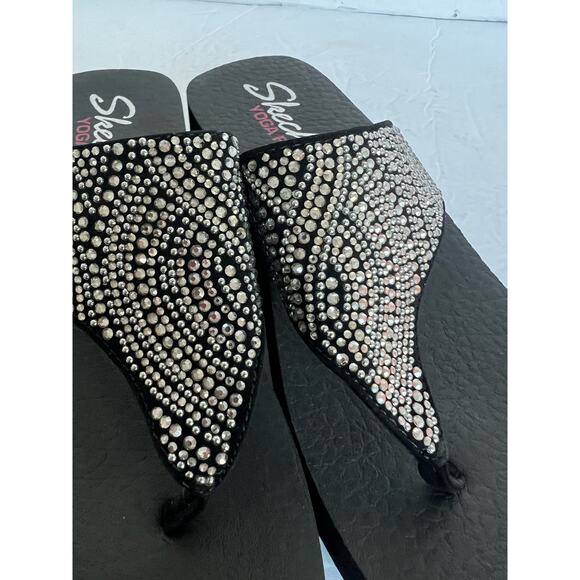 Skechers Vinyasa Stone Candy Black W/ Silver Rhinestones Wedge Thong Sandals 8 - Picture 11 of 12